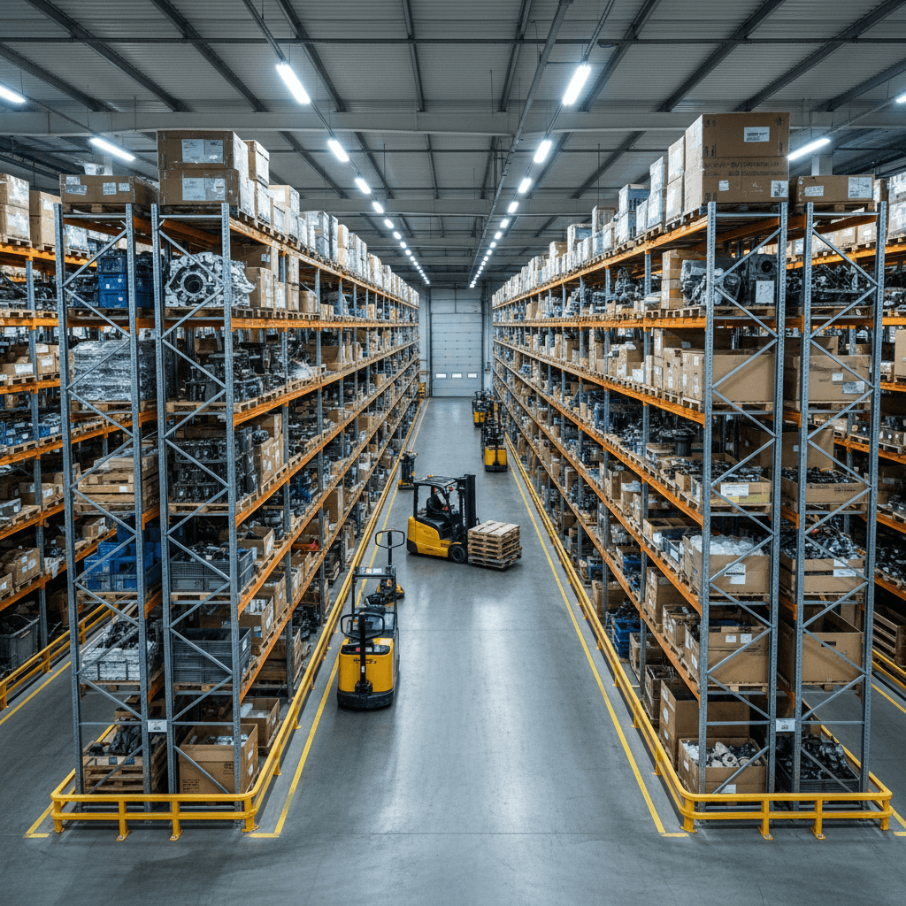 Warehouse fulfillment operations with pallet racking and material handling equipment
