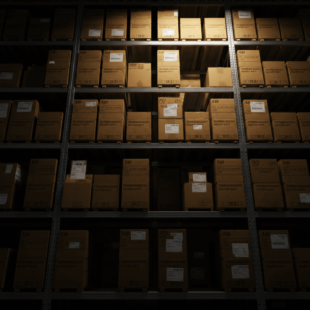 Stacked automotive parts inventory showing bulk stock levels