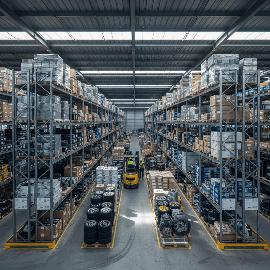 Warehouse fulfillment center with organized pallet racking and active logistics operations
