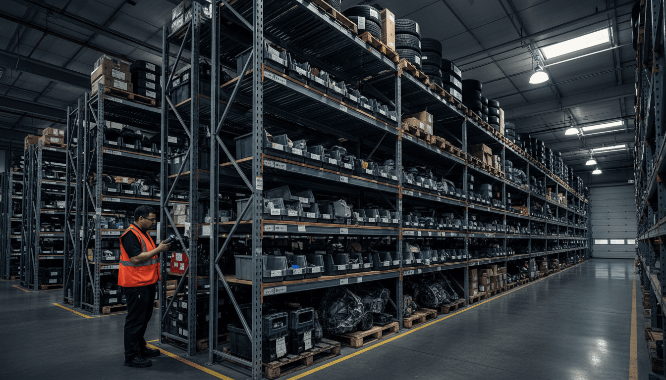 Organized automotive parts warehouse with pallet racking and inventory management system