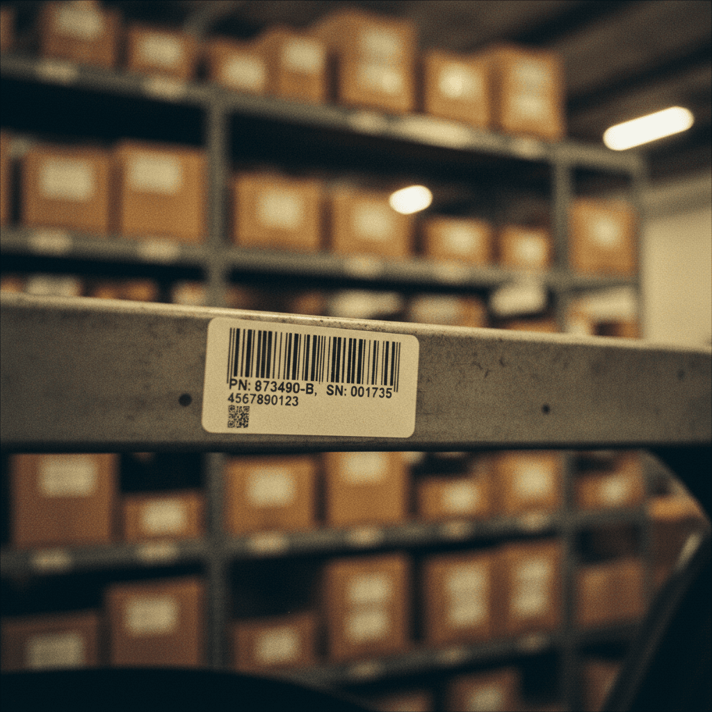 Barcode label on automotive part showing inventory control system