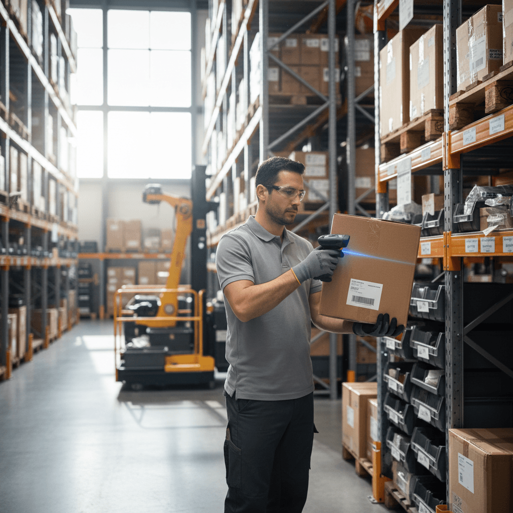 Warehouse associate scanning barcode on automotive parts package