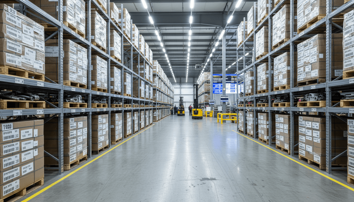 Organized automotive parts warehouse with pallet racking and inventory management systems