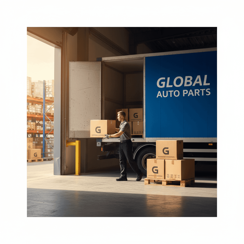 Delivery truck loading with automotive parts at warehouse dock