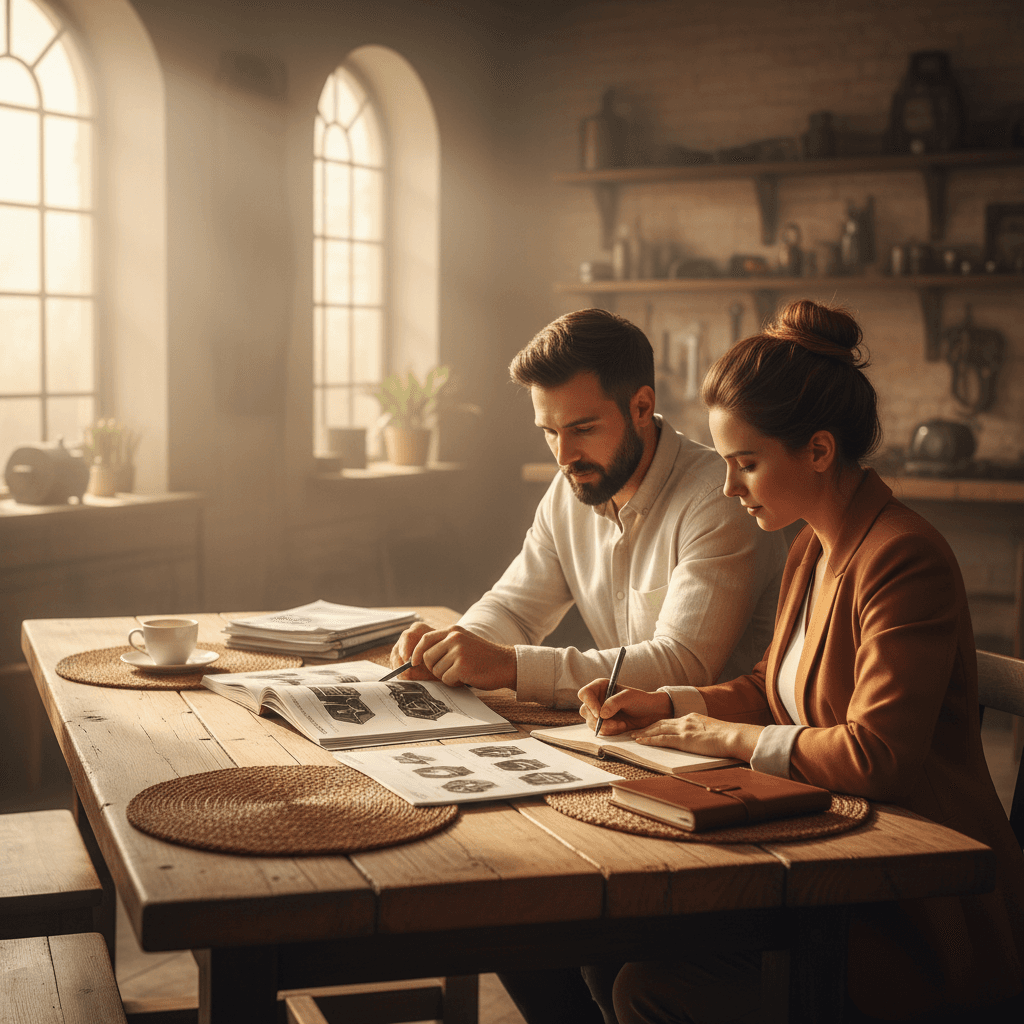 Two professionals reviewing wholesale account documents and parts catalogs at meeting table