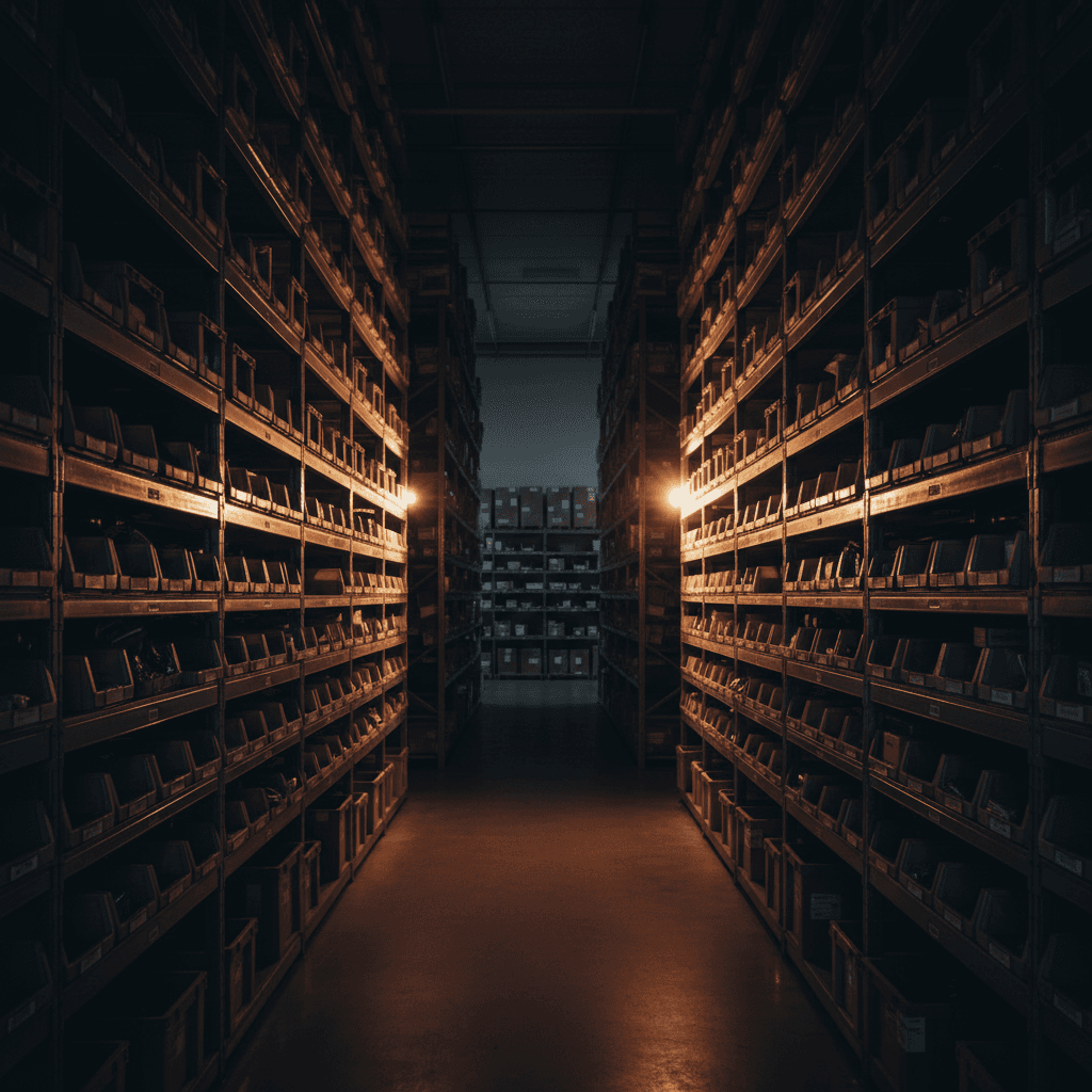 Organized warehouse shelving with automotive parts inventory under focused lighting