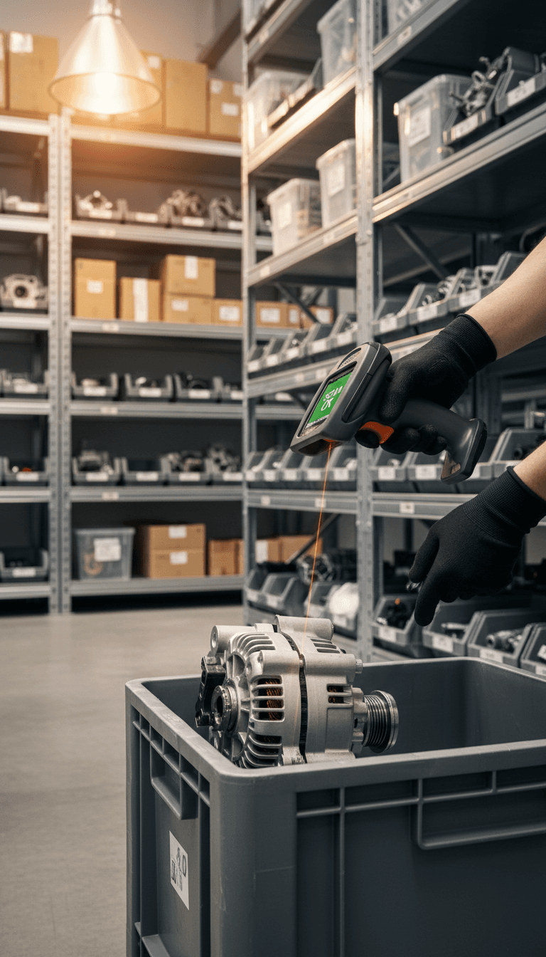 Warehouse worker scanning automotive parts with barcode system