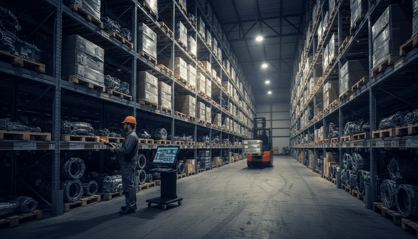 Modern automotive parts warehouse with organized inventory, barcode scanning, and material handling equipment